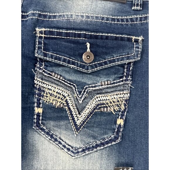 True Luck Jeans Mens 34x30 Blue Denim Bootcut Stretch Embroidered Whiskering - Picture 8 of 11